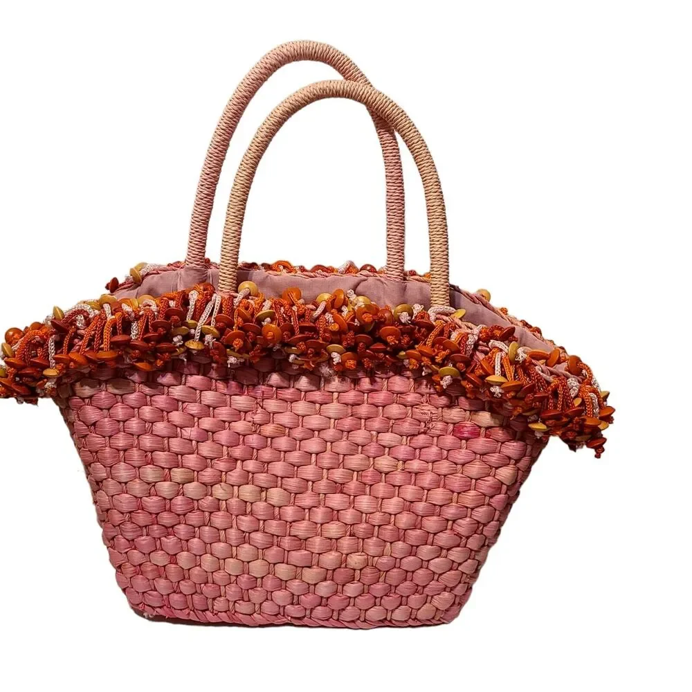 Pink Weaved Straw Hand Bag w/Orange/Tan Wood Beads Drawstring Closure NWT‎